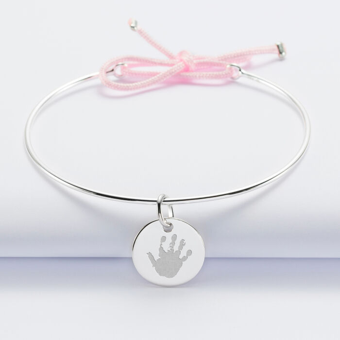 Personalised silver and cord bangle bracelet and 15mm engraved medallion - imprint