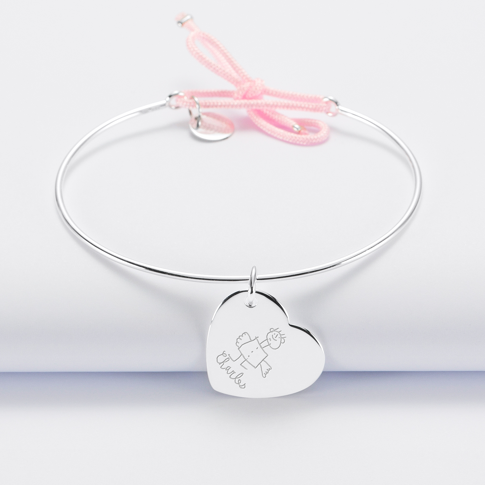 Personalised silver and cord bangle bracelet and engraved silver heart medallion 19x21mm - sketch
