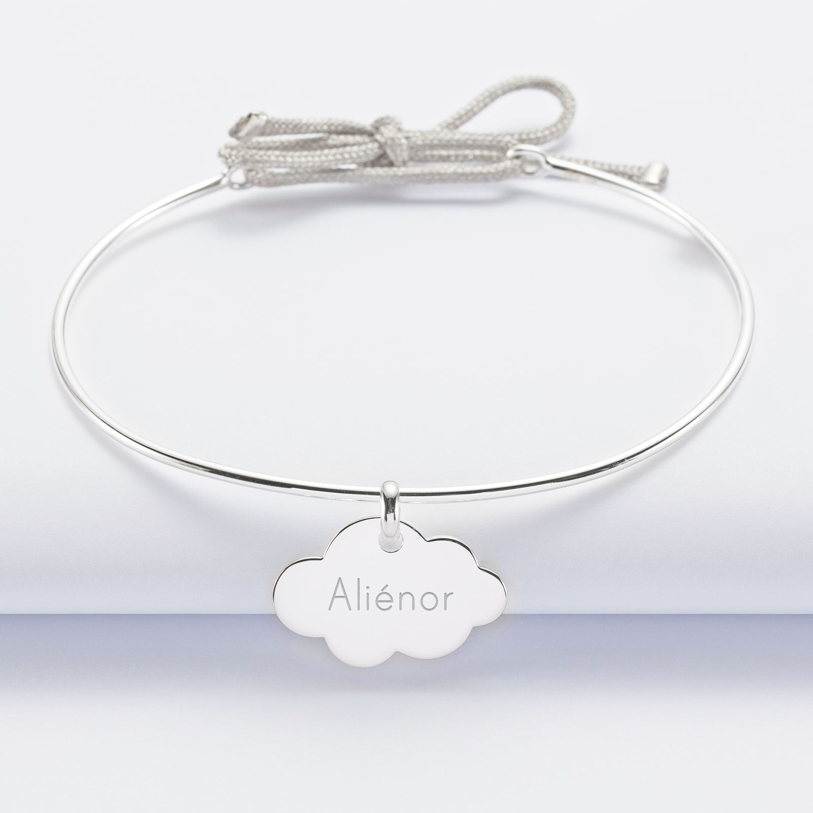Personalised silver and cord bangle bracelet and engraved cloud medallion 20x14 mm - name 1