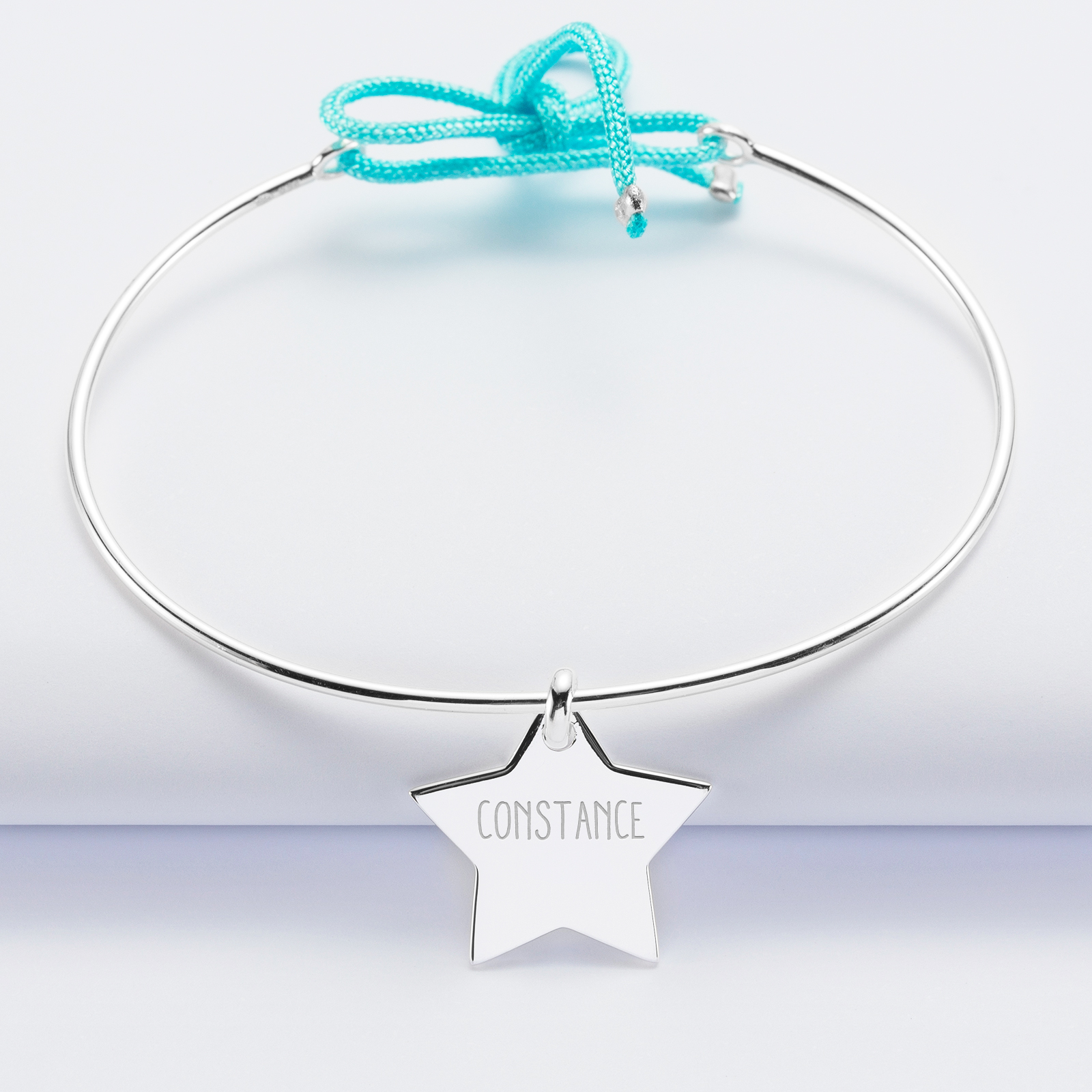 Personalised silver and cord bangle bracelet and engraved star medallion 20x20mm - name 1