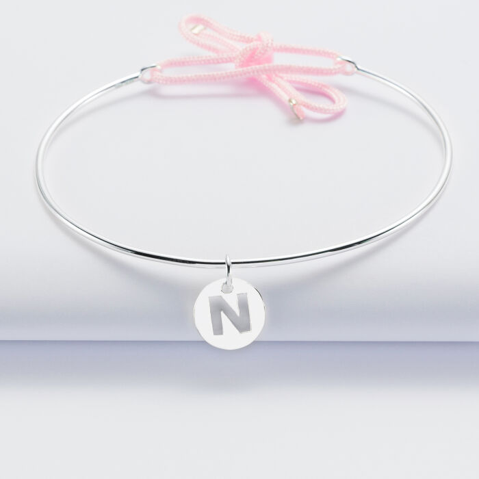 Personalised silver and cord bangle bracelet and 11 mm initial letter engraved medallion