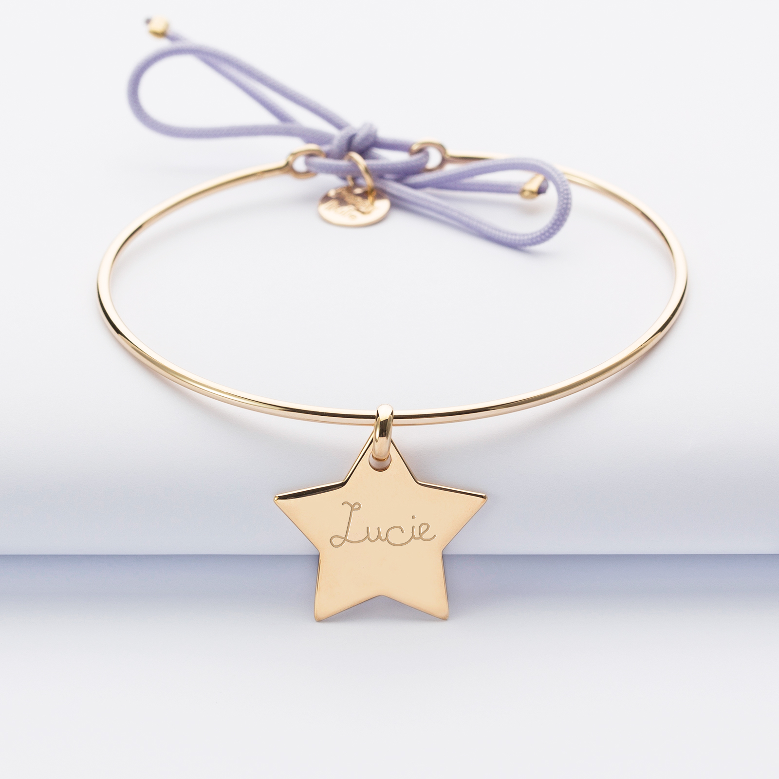 Personalised gold plated bangle with cord and engraved star medallion 20x20mm name 1