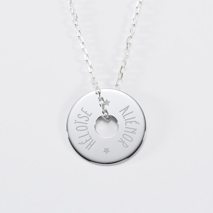 Personalised engraved silver target medallion pendant 20mm names 1