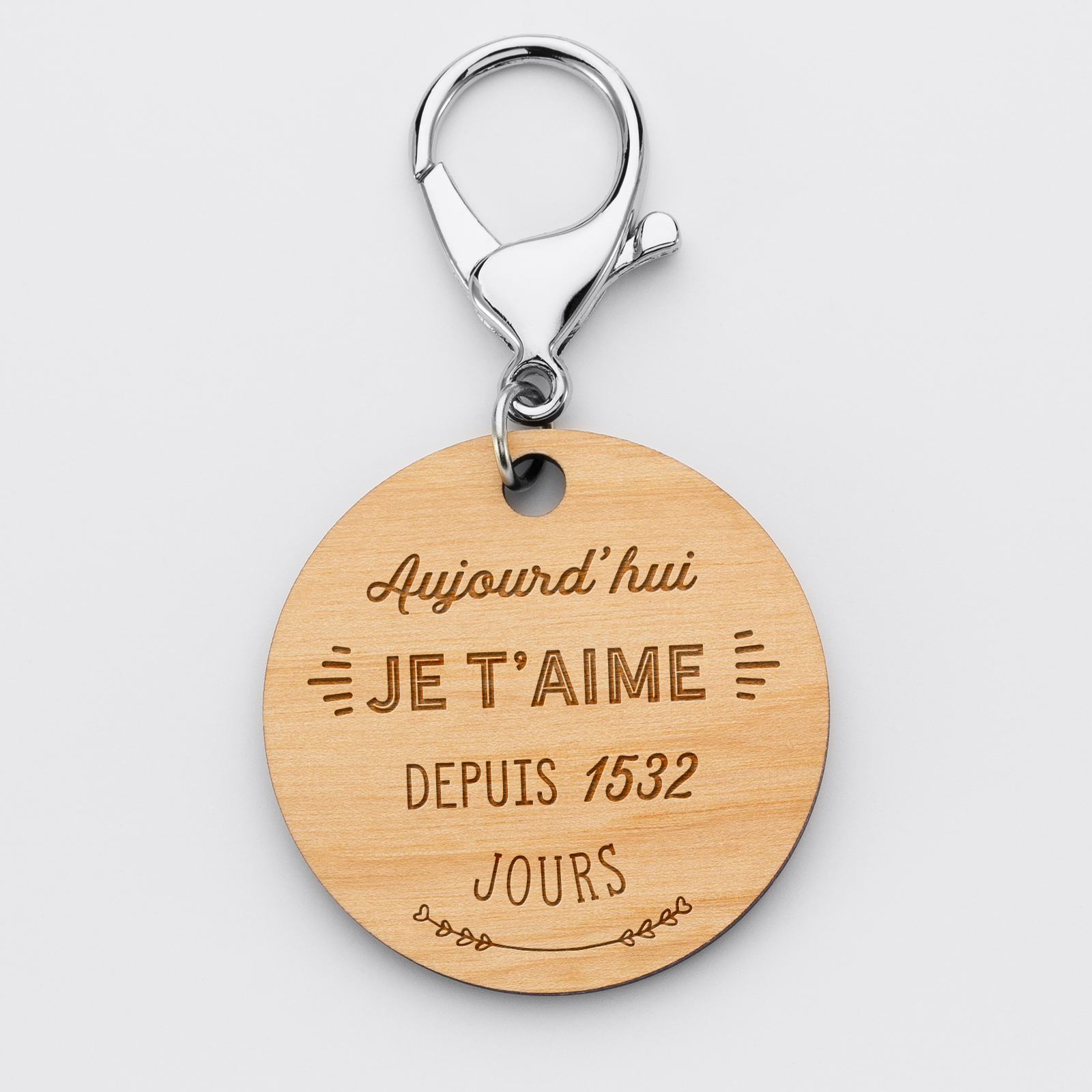 Porte-clés personnalisé médaille gravée bois "Je t'aime" - 1