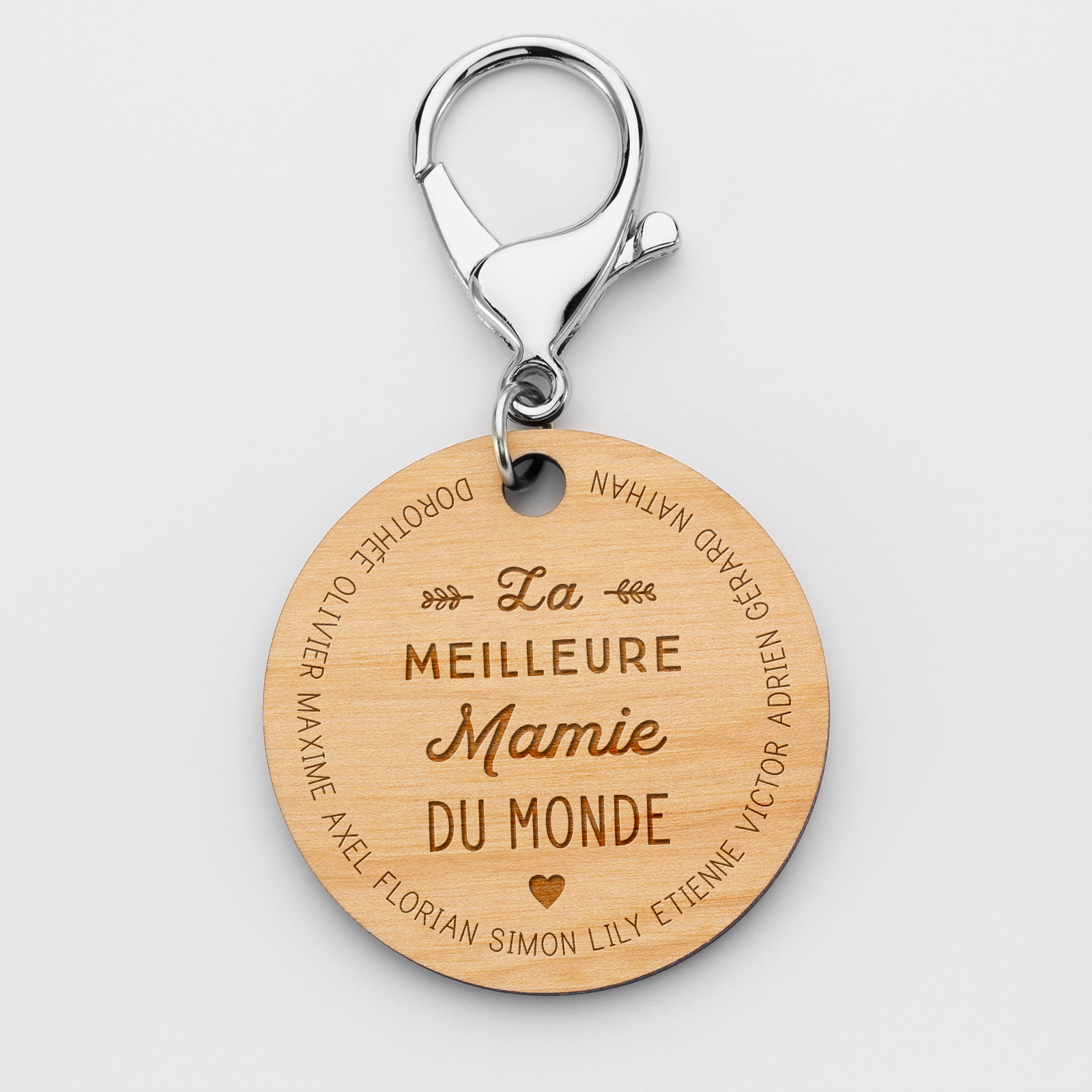 Porte-clés personnalisé prénoms médaille gravée bois ronde 50 mm "La meilleure Mamie du monde"-1