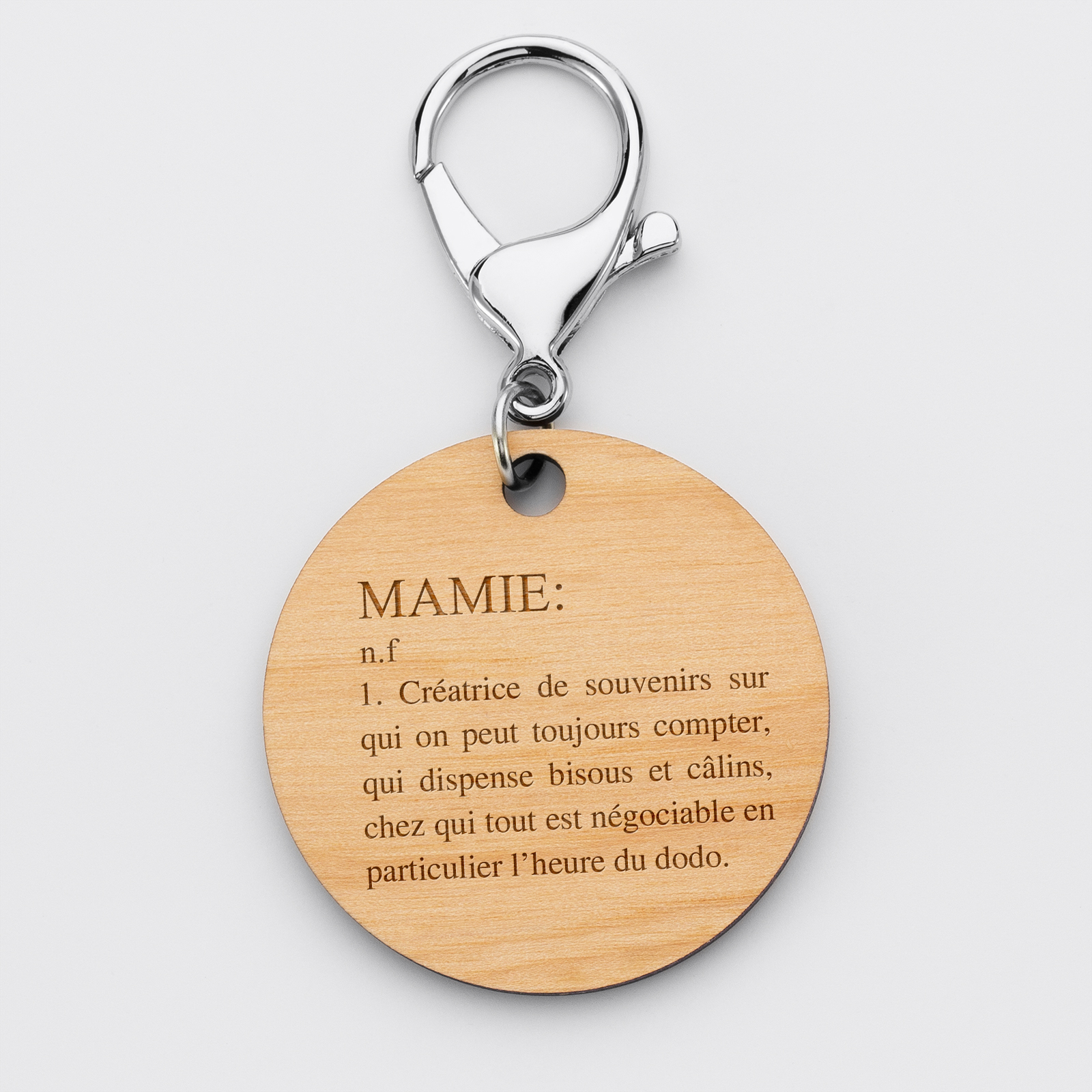 Porte-clés personnalisé gravé bois médaille ronde 50 mm - Edition spéciale "Définition Mamie" - recto 1