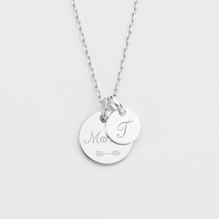 Personalised engraved silver medallion pendant 15 mm and round charm 10mm name