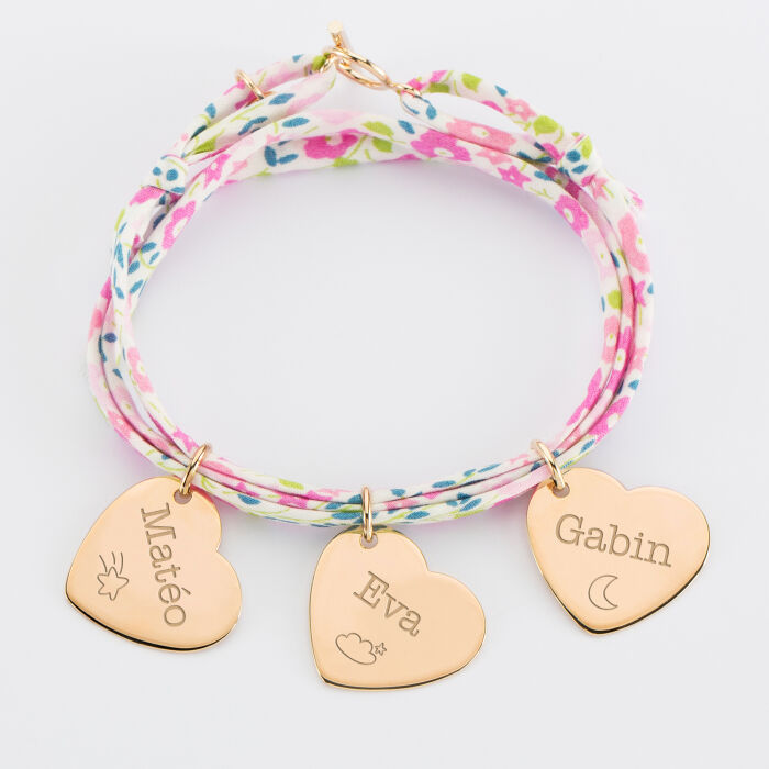 Personalised 3 turn Liberty bracelet with 3 gold plated engraved heart medallions 19x21mm - names