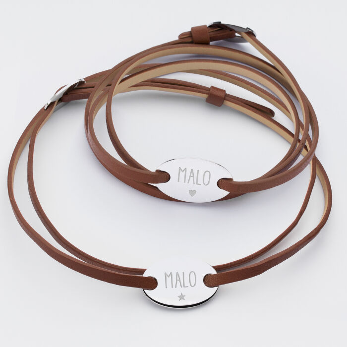 Pair of personalised leather bracelets with engraved 2-hole oval silver medallions 25x16mm - names