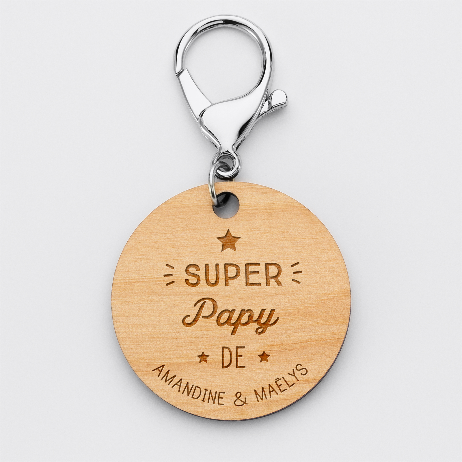Porte-clés personnalisé prénoms médaille gravée bois ronde 50 mm "Super Papy" - 1