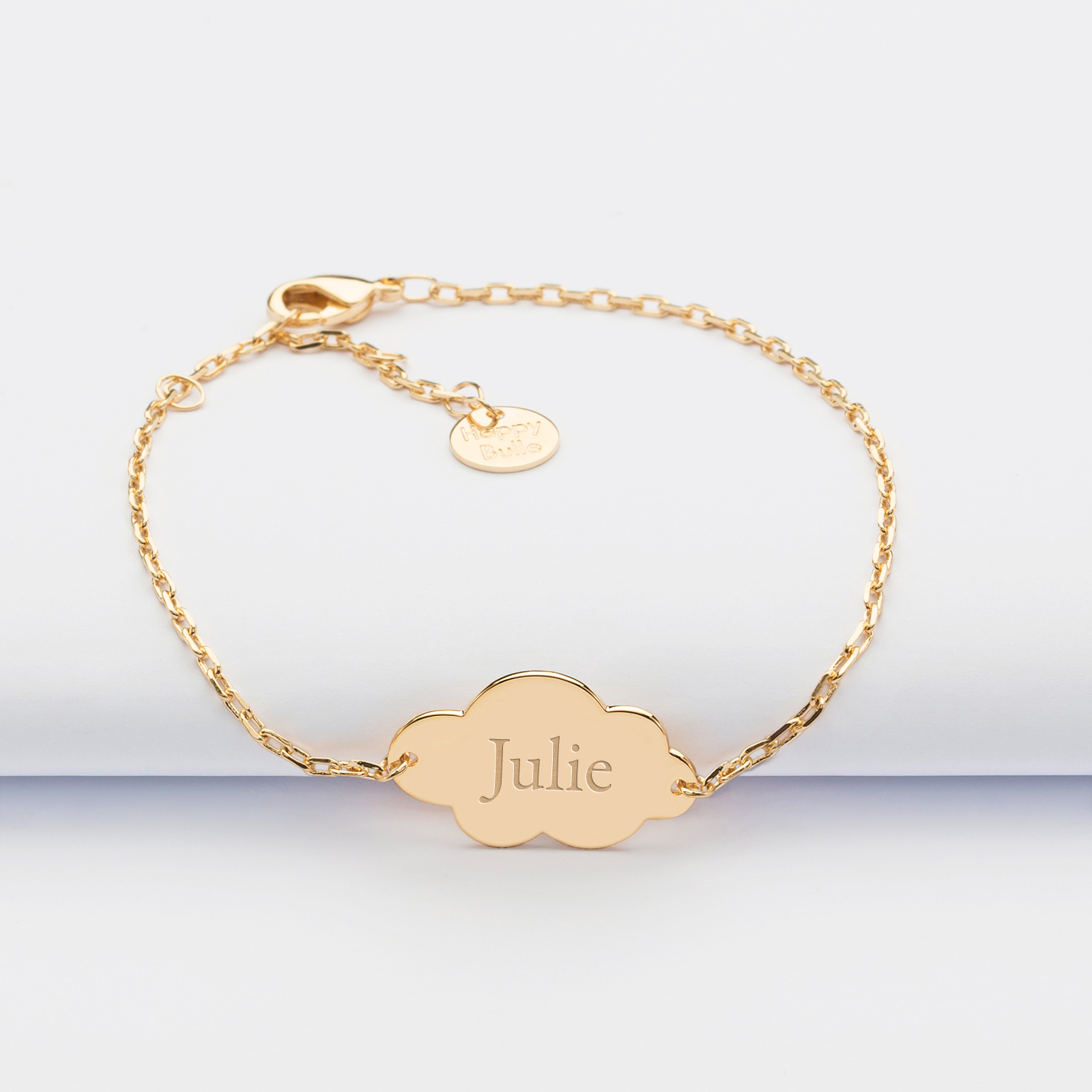 Bracelet chaine personnalisé médaille nuage gravée plaqué or 2 trous 20x14mm prénom julie
