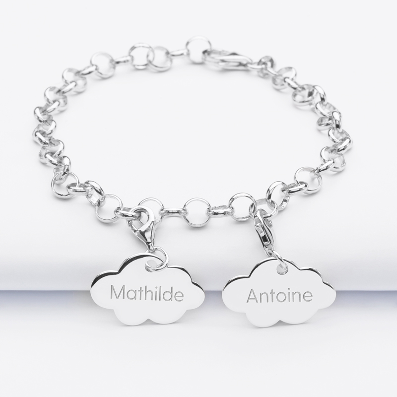 Personalised bracelet with 2 silver engraved cloud charms 20x14mm - name