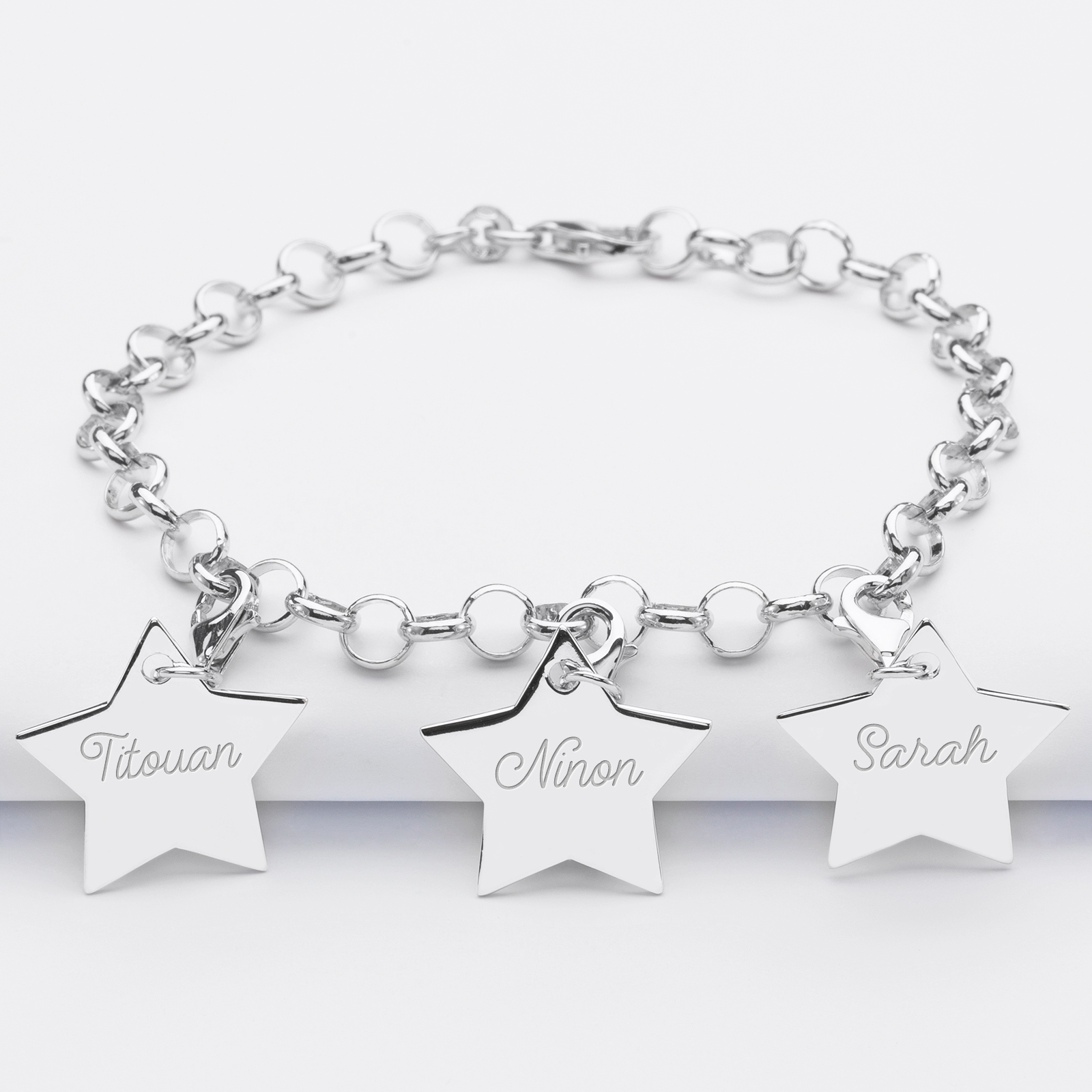 Personalised bracelet with 3 silver engraved star charms 20x14mm - names