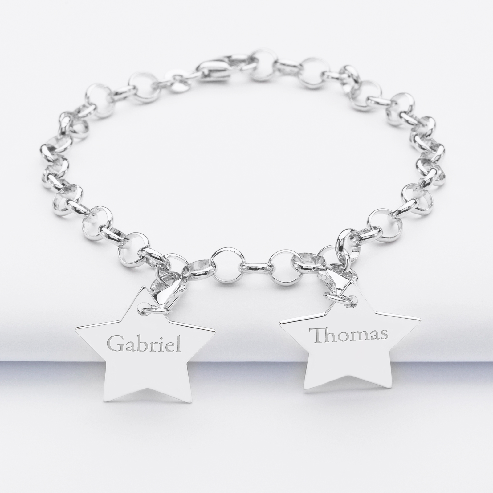 Personalised bracelet with 2 engraved silver star charms 20x20 mm - names