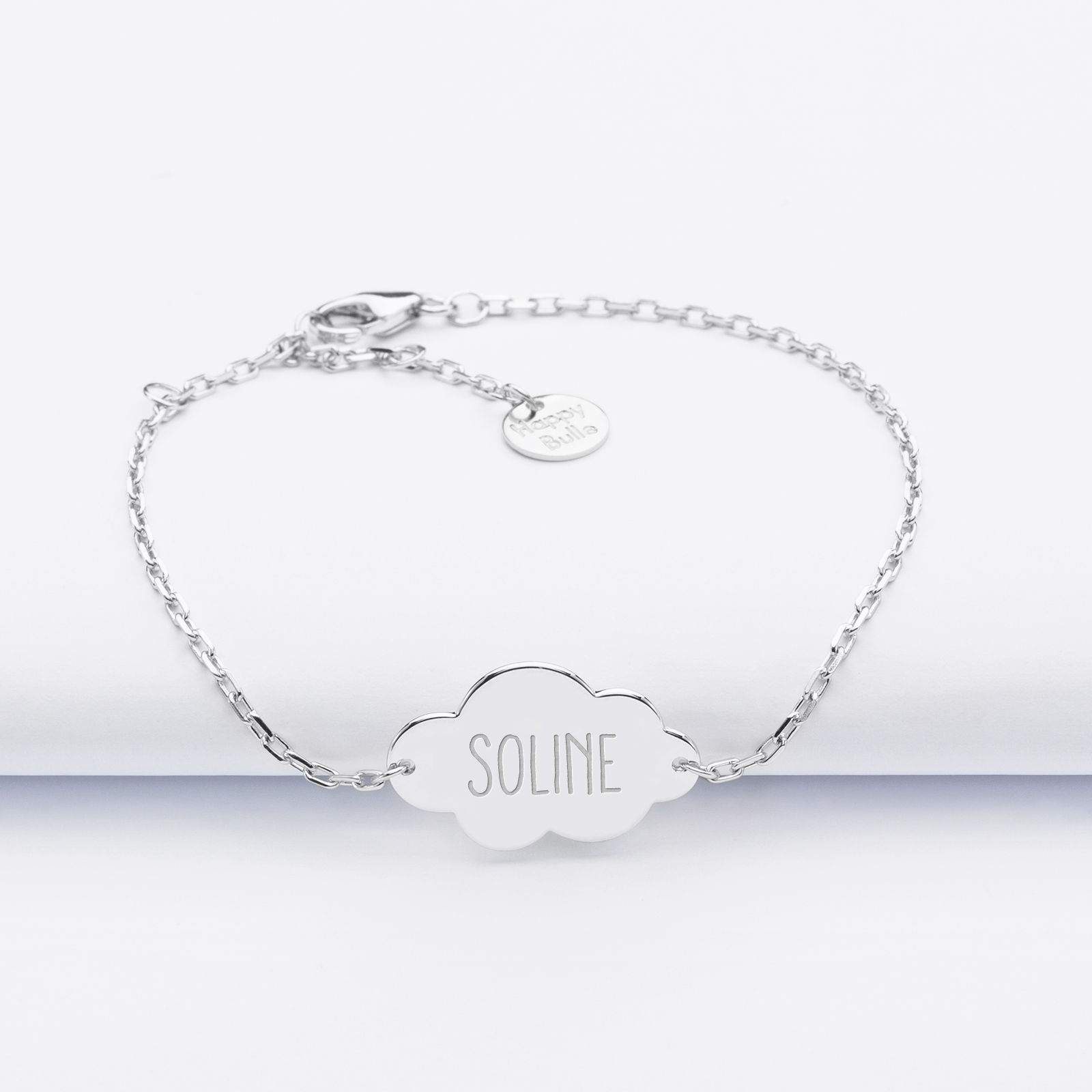 Personalised engraved silver cloud 2-hole medallion children's chain bracelet 20x14mm - name 1