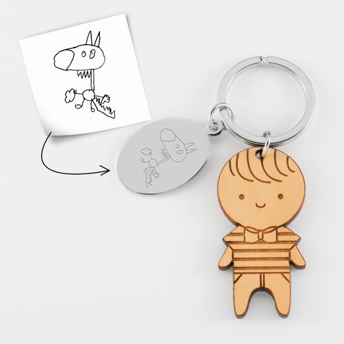 Personalised engraved oval steel medallion and wooden little boy charm keyring - tutorial