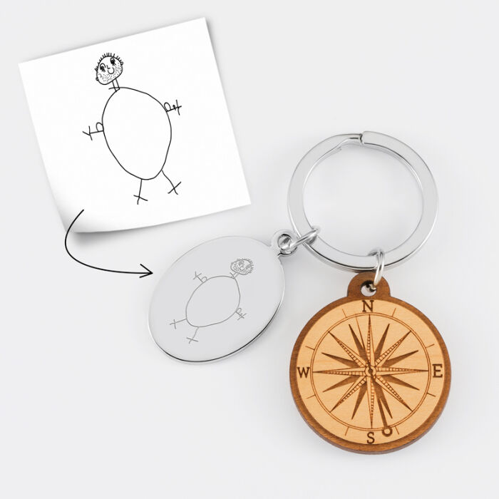 Personalised engraved oval steel medallion and wooden compass charm keyring - tutorial