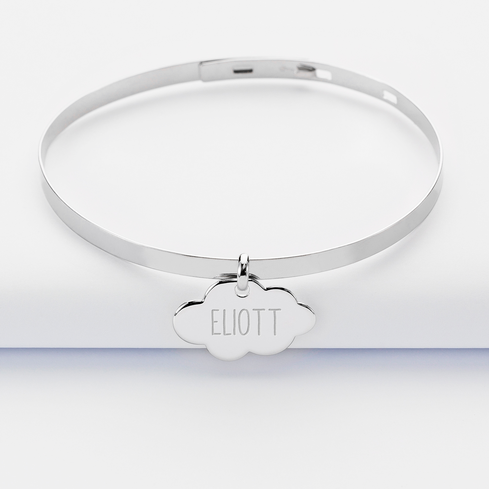 Personalised flat silver bangle and engraved cloud medallion 20x14 mm - name