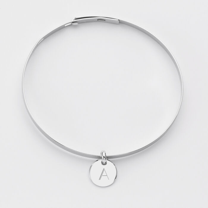 Personalised flat silver bangle and 10 mm engraved initial medallion - 2
