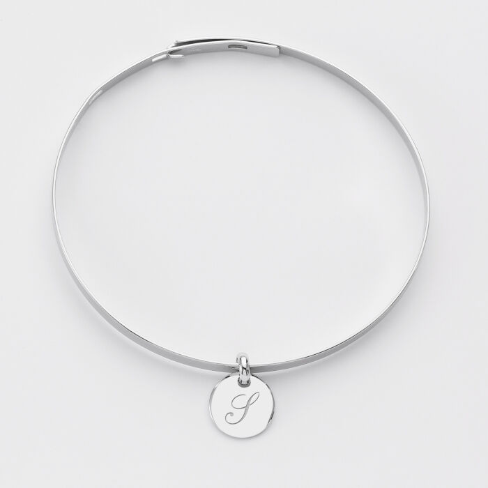 Personalised flat silver bangle and 10 mm engraved initial medallion - 4