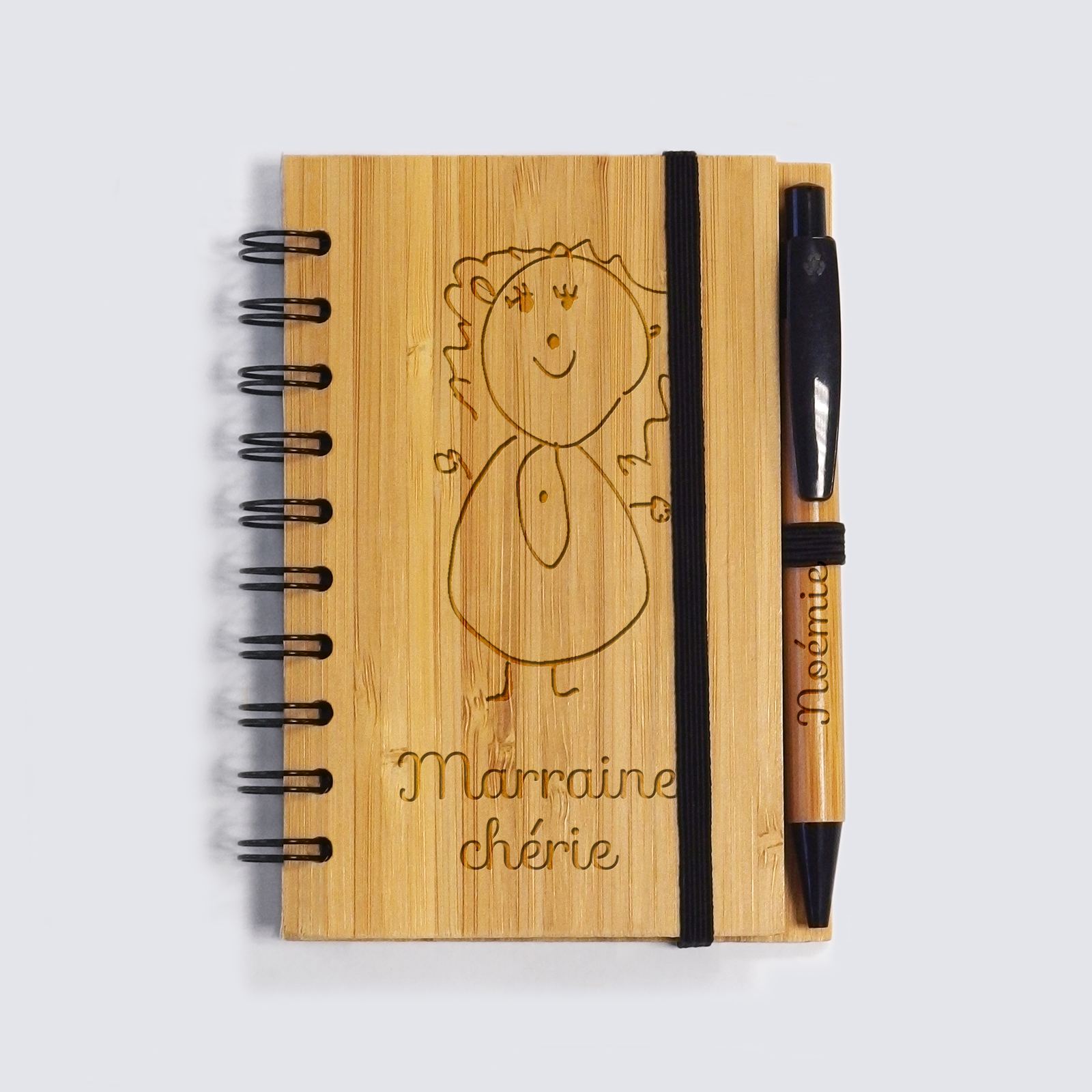 Personalised bamboo notebook 11.5x15cm and engraved pen - sketch + text