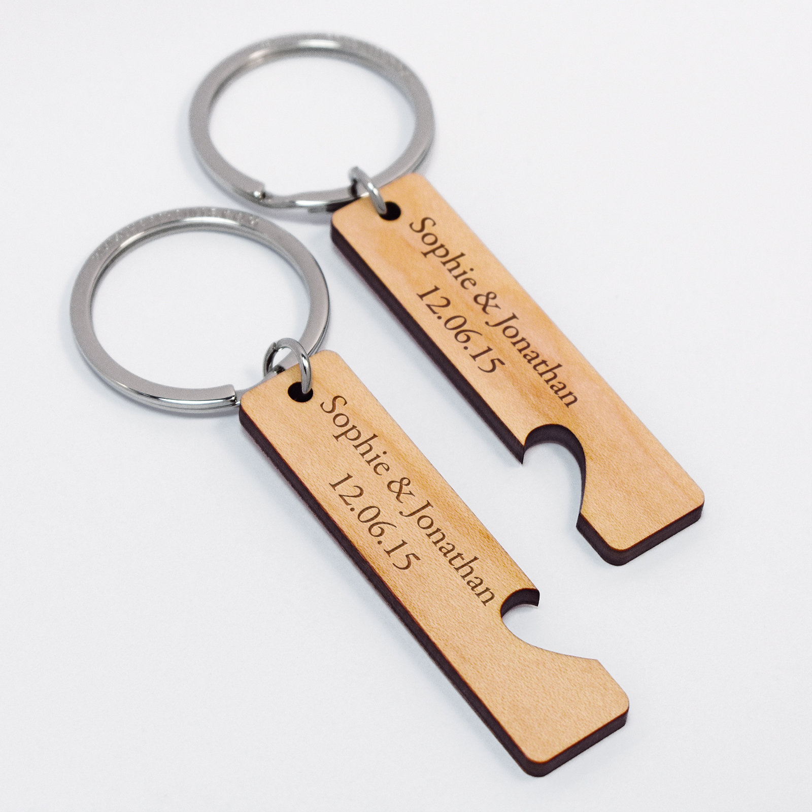 Pair Of Personalised Matching Keyrings For Lovers With Engraved Wooden Plates 16x66mm