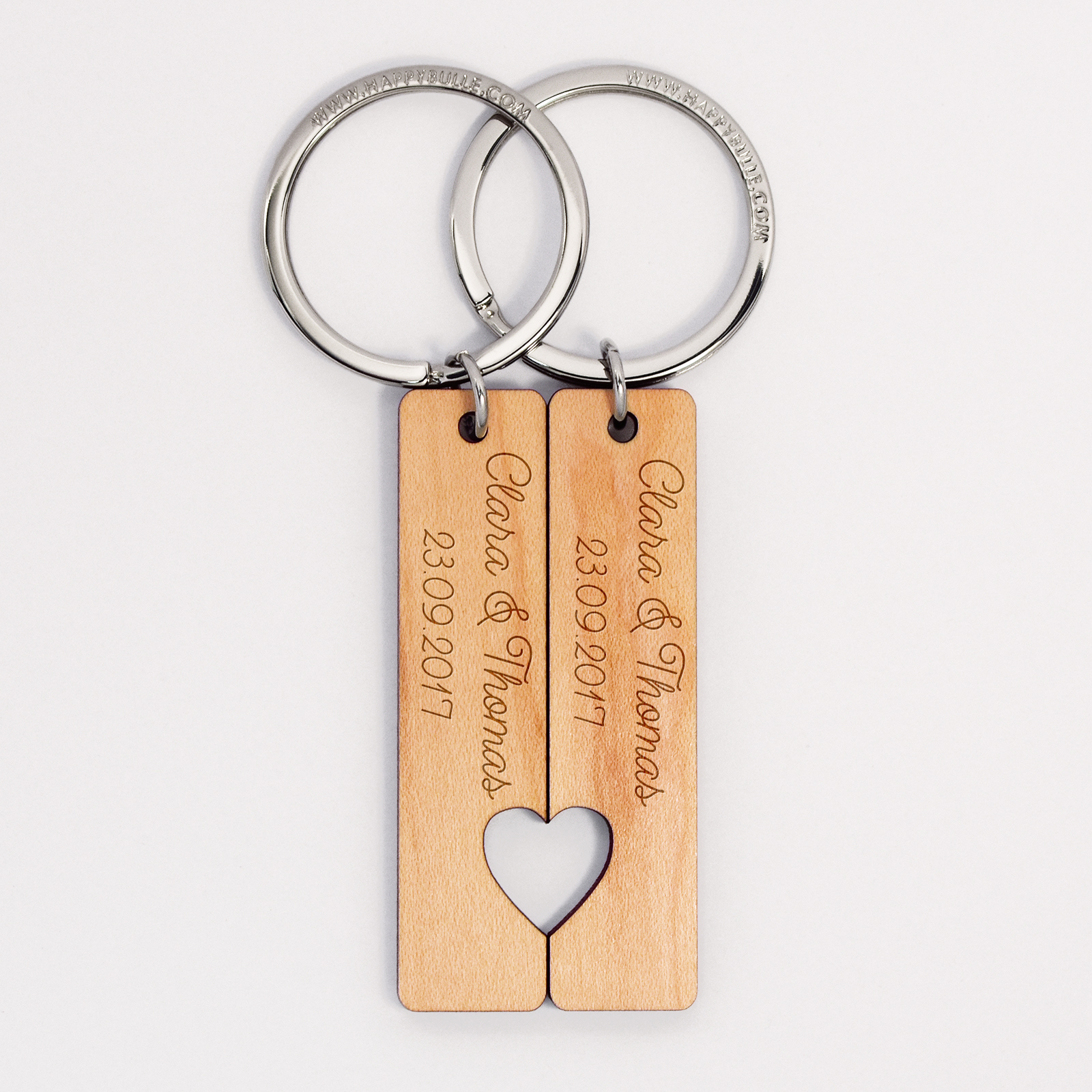 Pair of personalised engraved wooden plaque 16x66mm "for lovers" medallion keyrings - 1