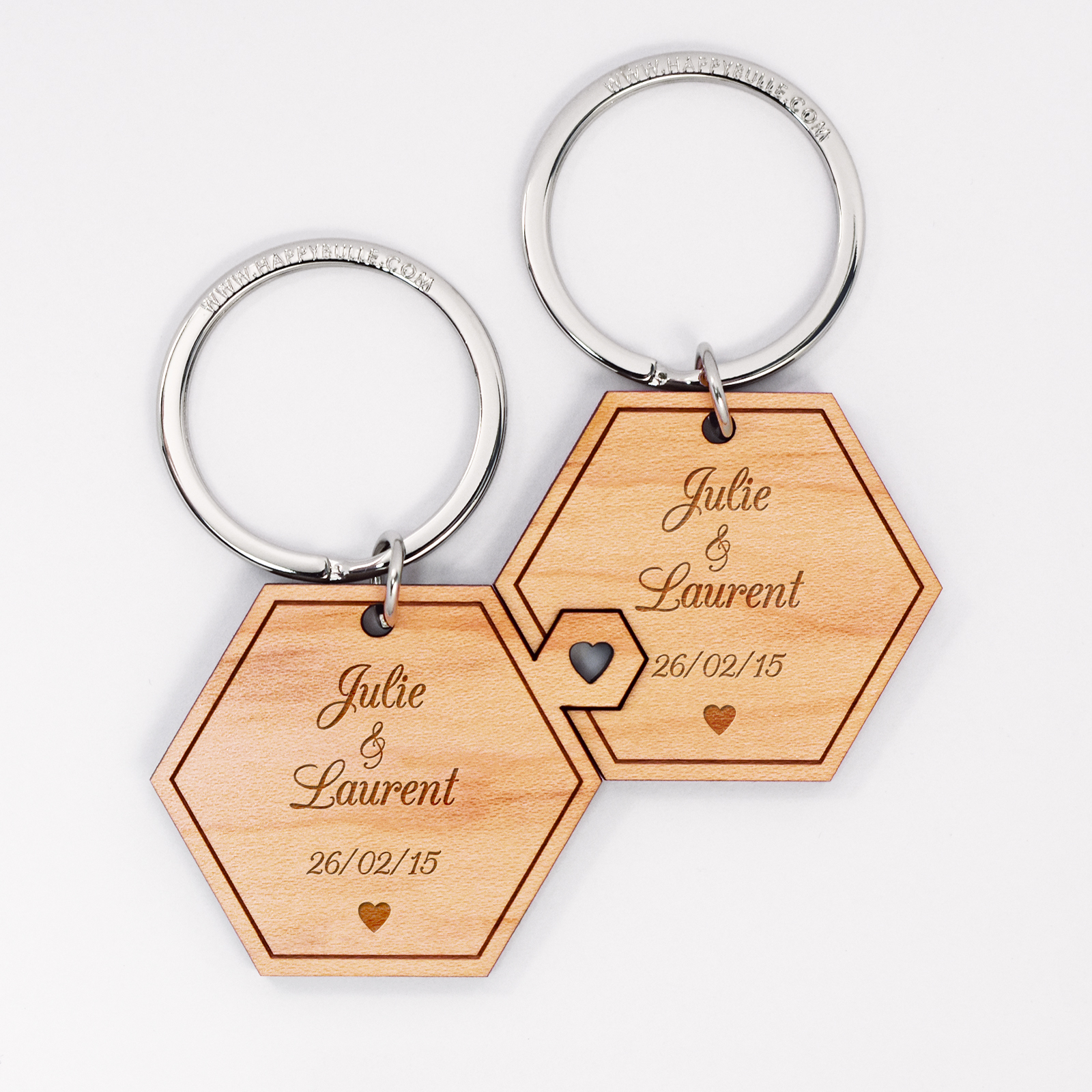 Pair of personalised engraved wooden hexagons "for lovers" medallion keyrings - 1