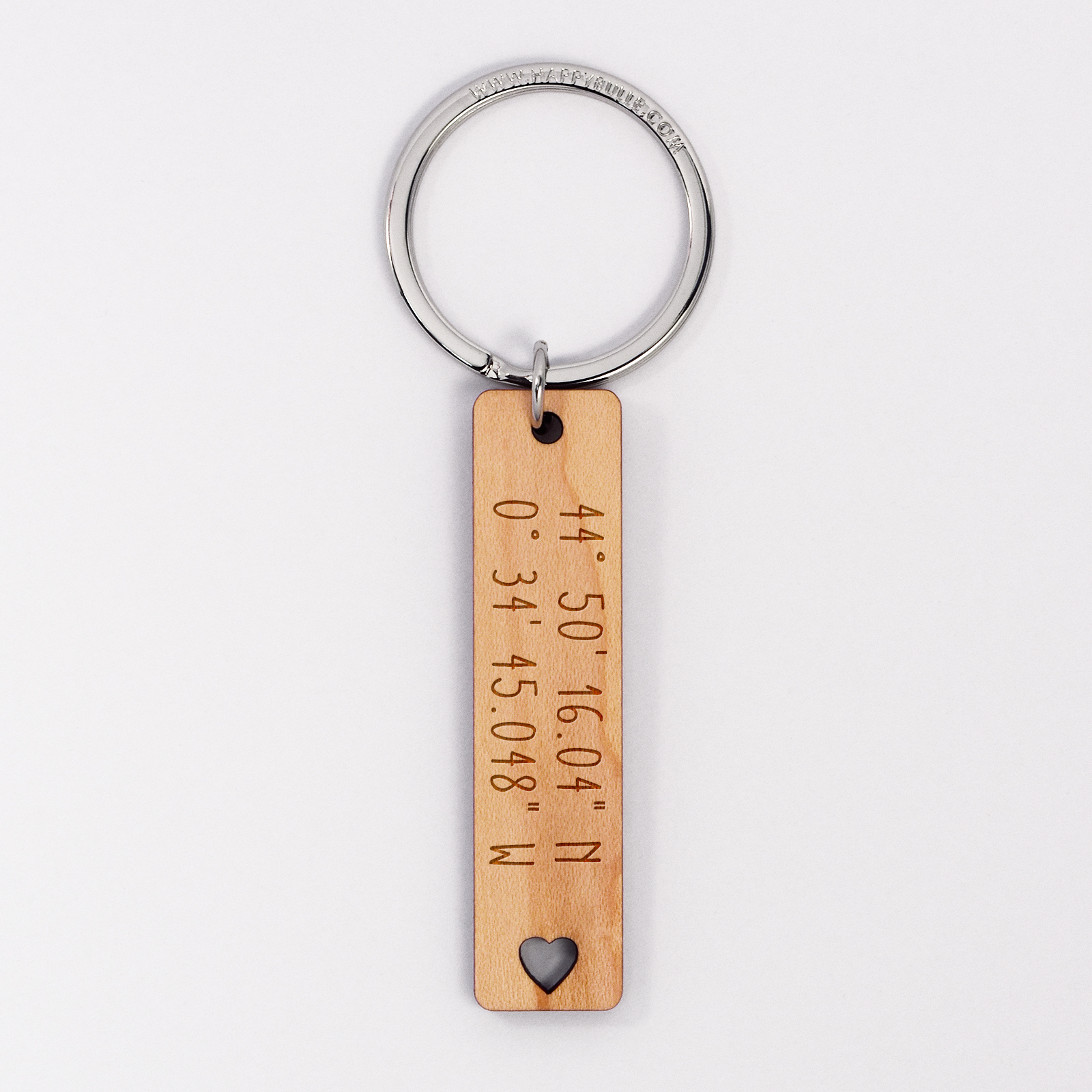 Personalised engraved wooden plaque medallion 16x66mm keyring - Geographical Coordinates - 1