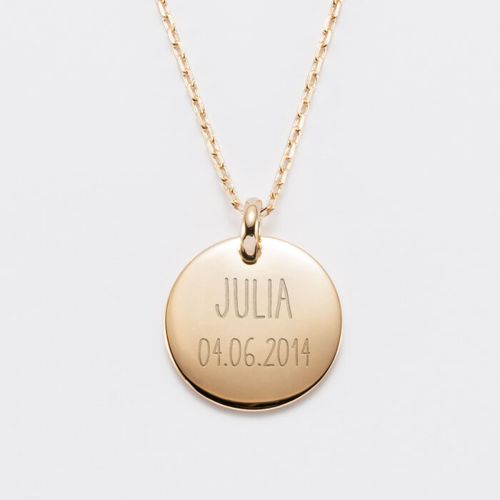 Personalised engraved gold plated rounded medallion pendant 20 mm - date
