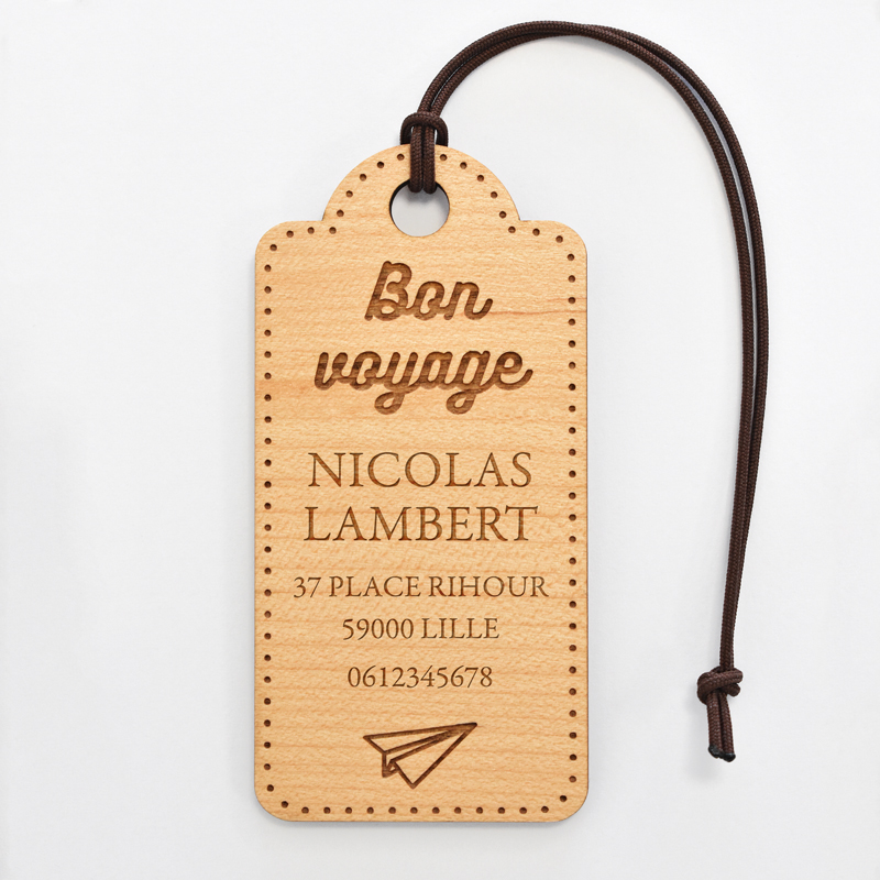 Personalised engraved wooden "Bon Voyage" luggage tag - 1