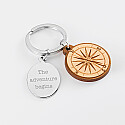Personalised engraved oval steel medallion and wooden compass charm keyring - text