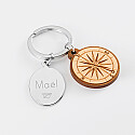 Personalised engraved oval steel medallion and wooden compass charm keyring - name