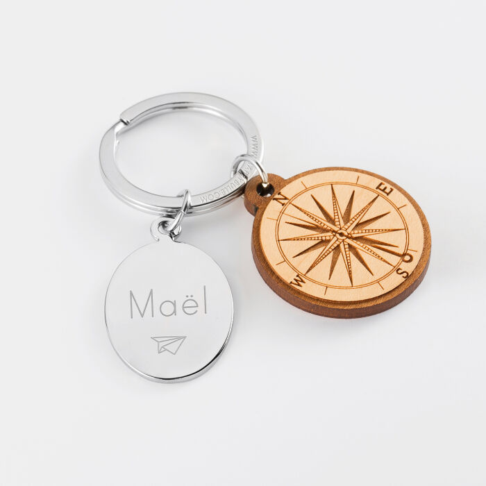 Personalised engraved oval steel medallion and wooden compass charm keyring - name