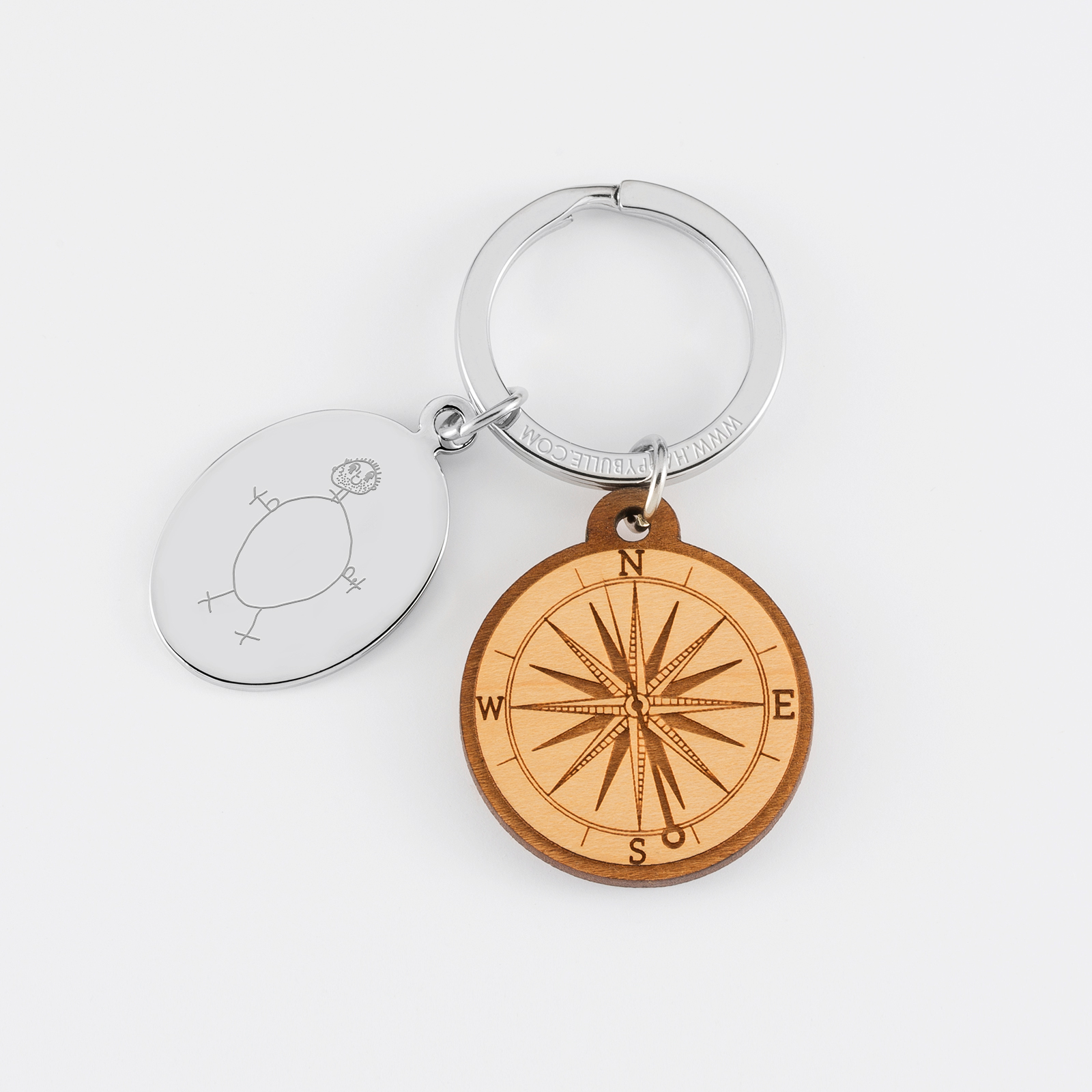 Porte clé personnalisé médaille gravée ovale acier et breloque bois boussole - dessin