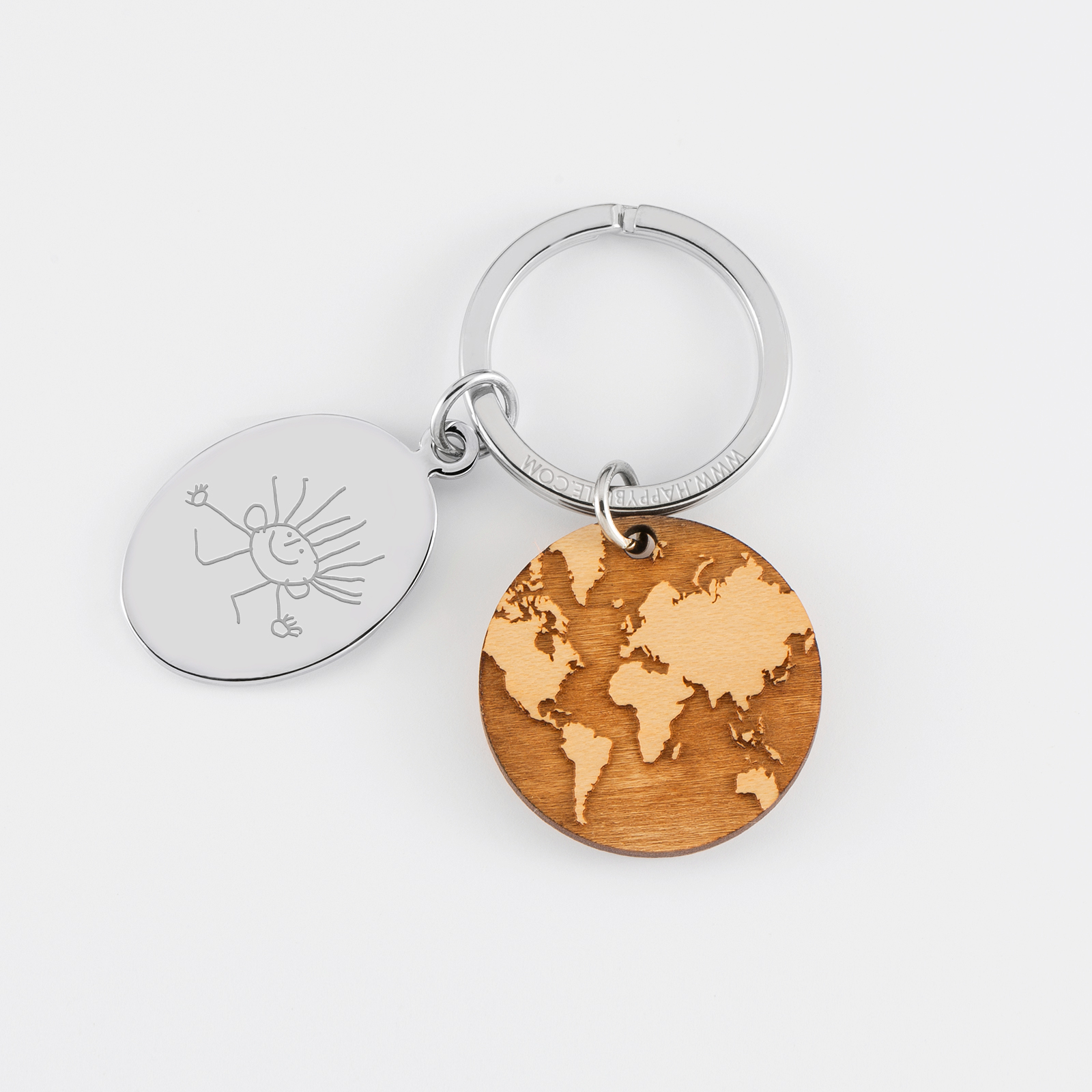 Porte clé personnalisé médaille gravée ovale acier et breloque bois monde - dessin