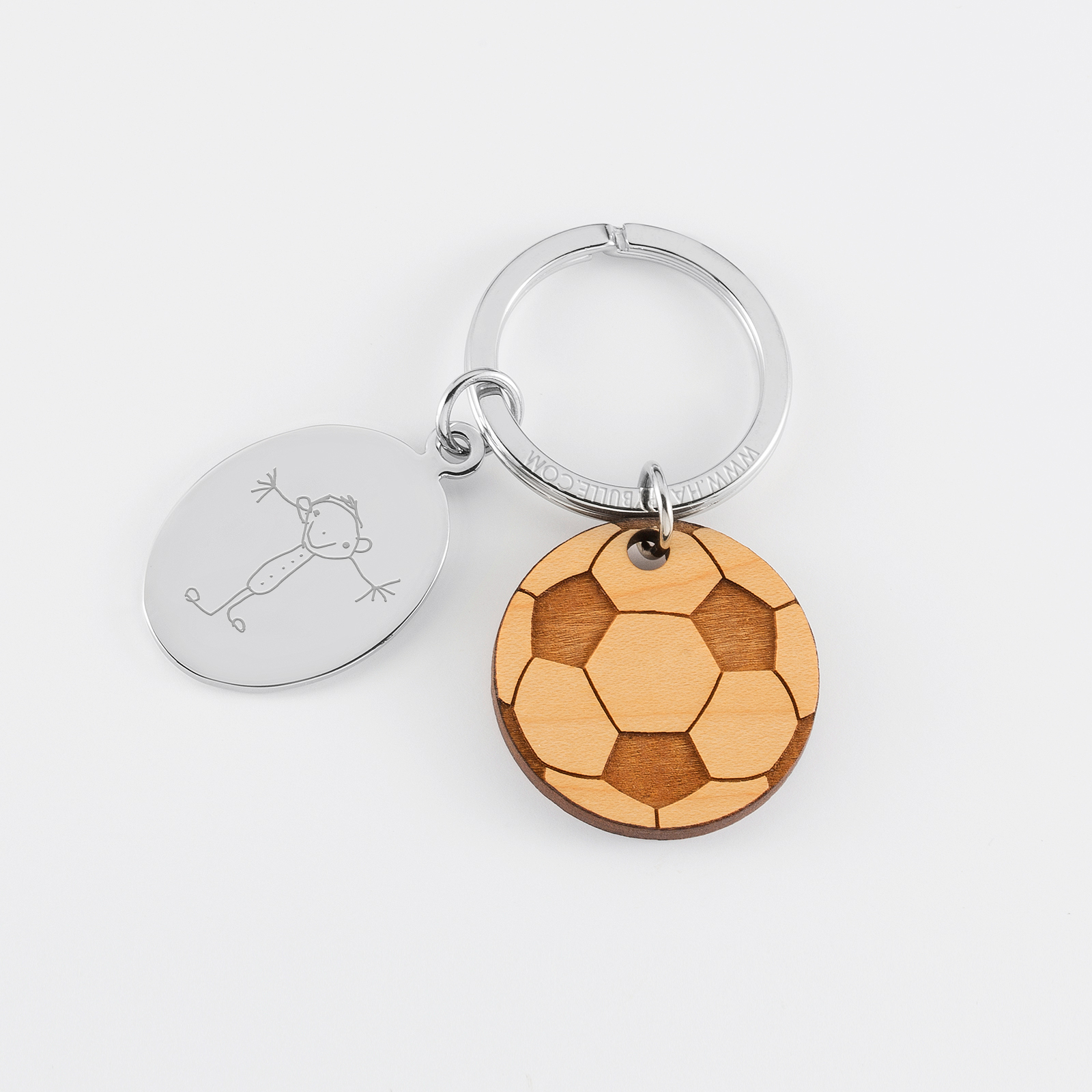 Personalised engraved oval steel medallion and wooden football charm keyring - sketch