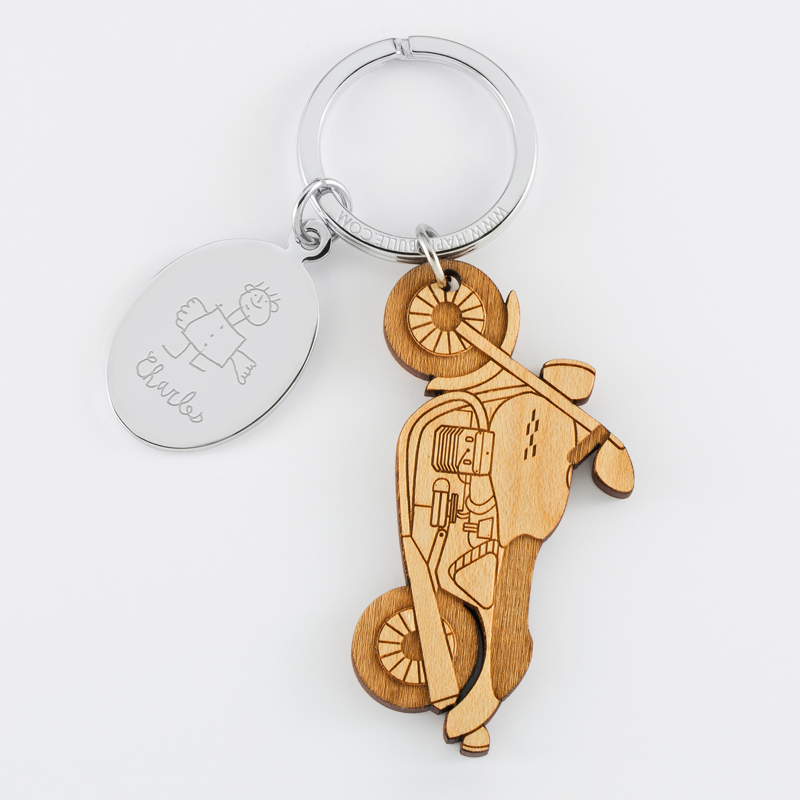 Porte clé personnalisé médaille gravée ovale acier et breloque bois moto - dessin