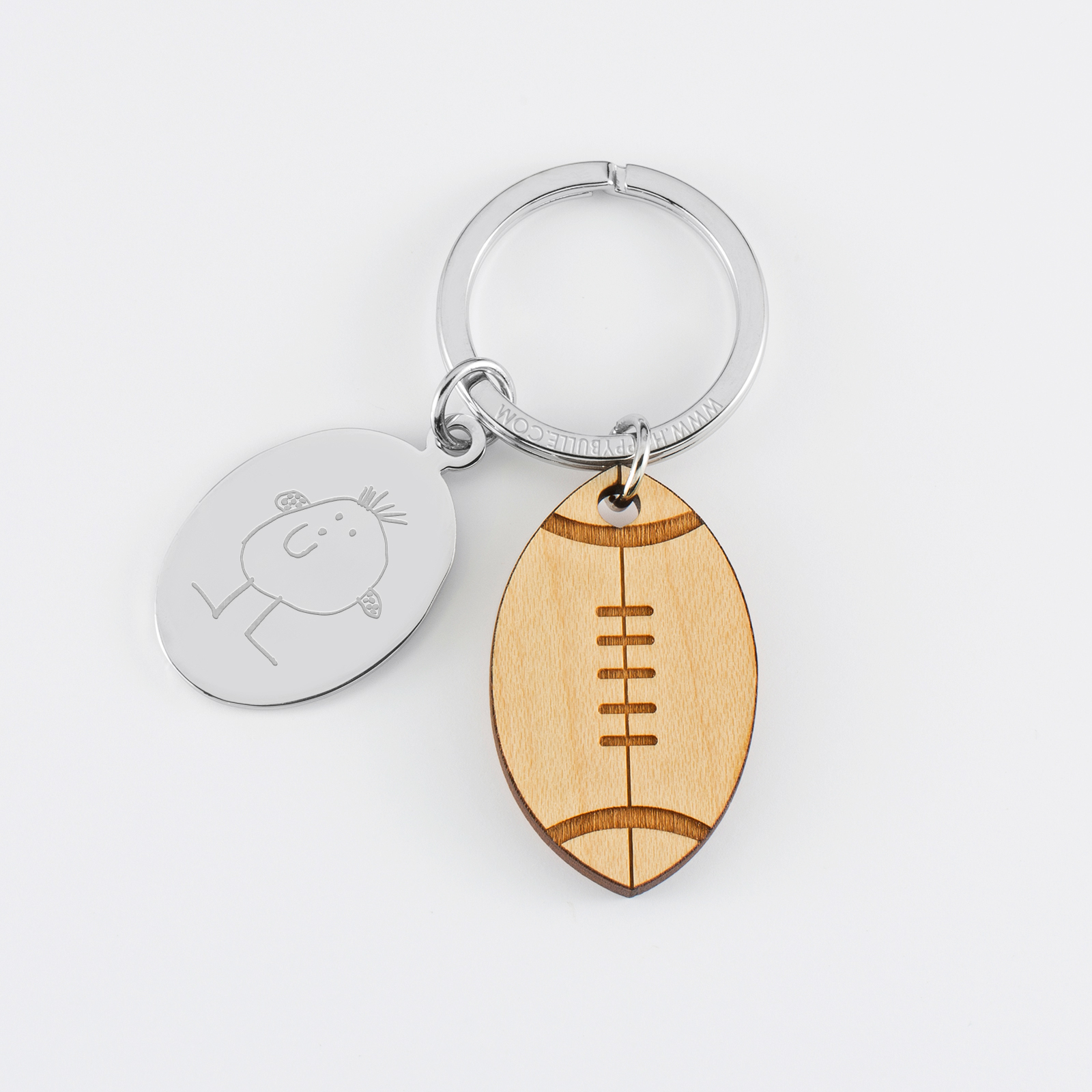 Personalised engraved oval steel medallion and wooden rugby charm keyring - sketch