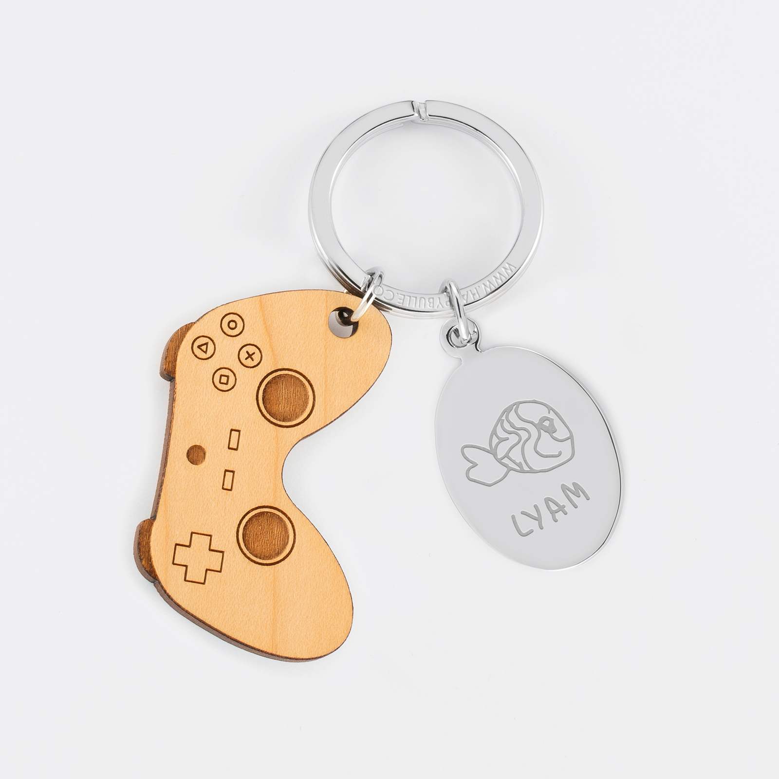Porte clé personnalisé médaille gravée ovale acier et breloque bois jeux vidéo - dessin