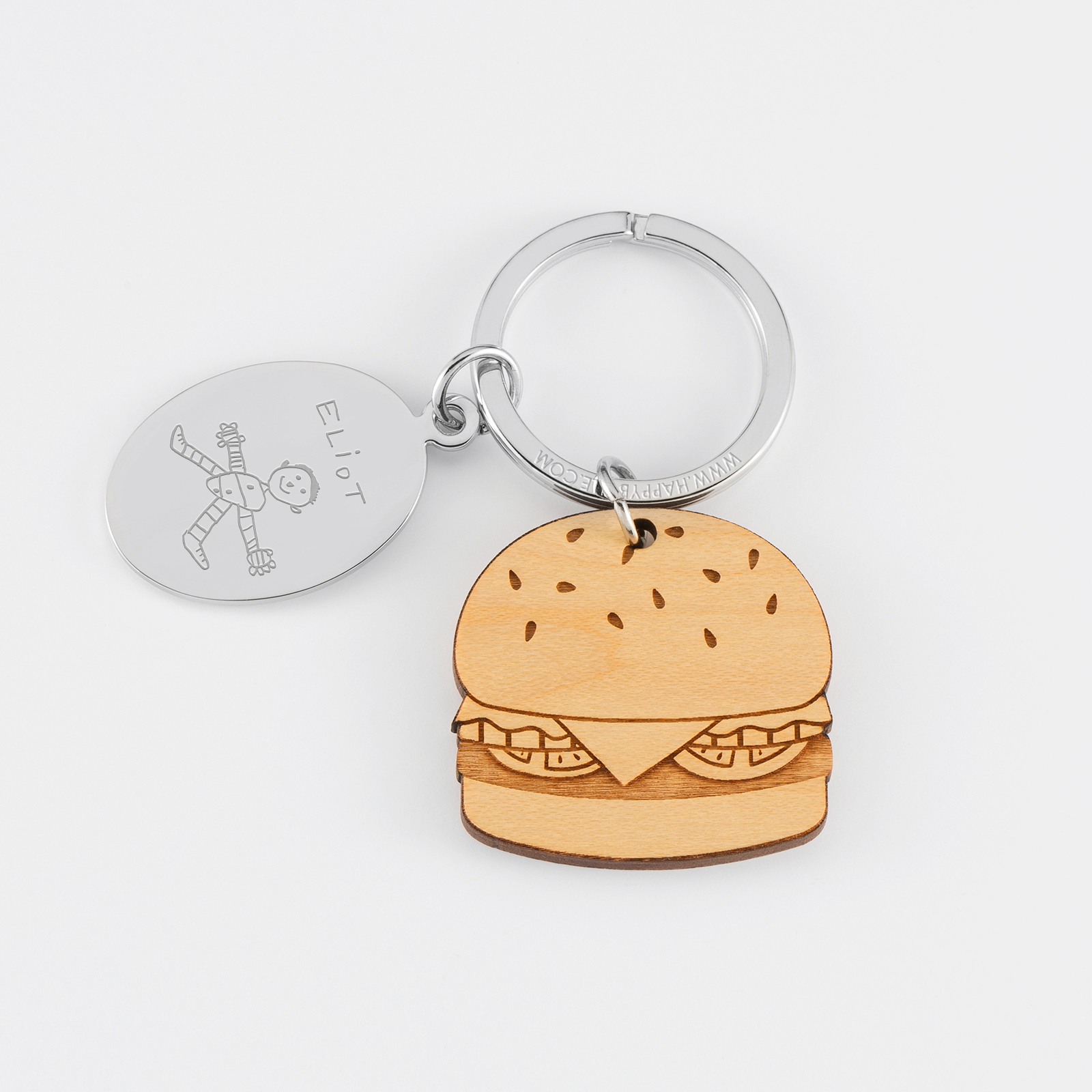Porte clé personnalisé médaille gravée ovale acier et breloque bois burger - dessin