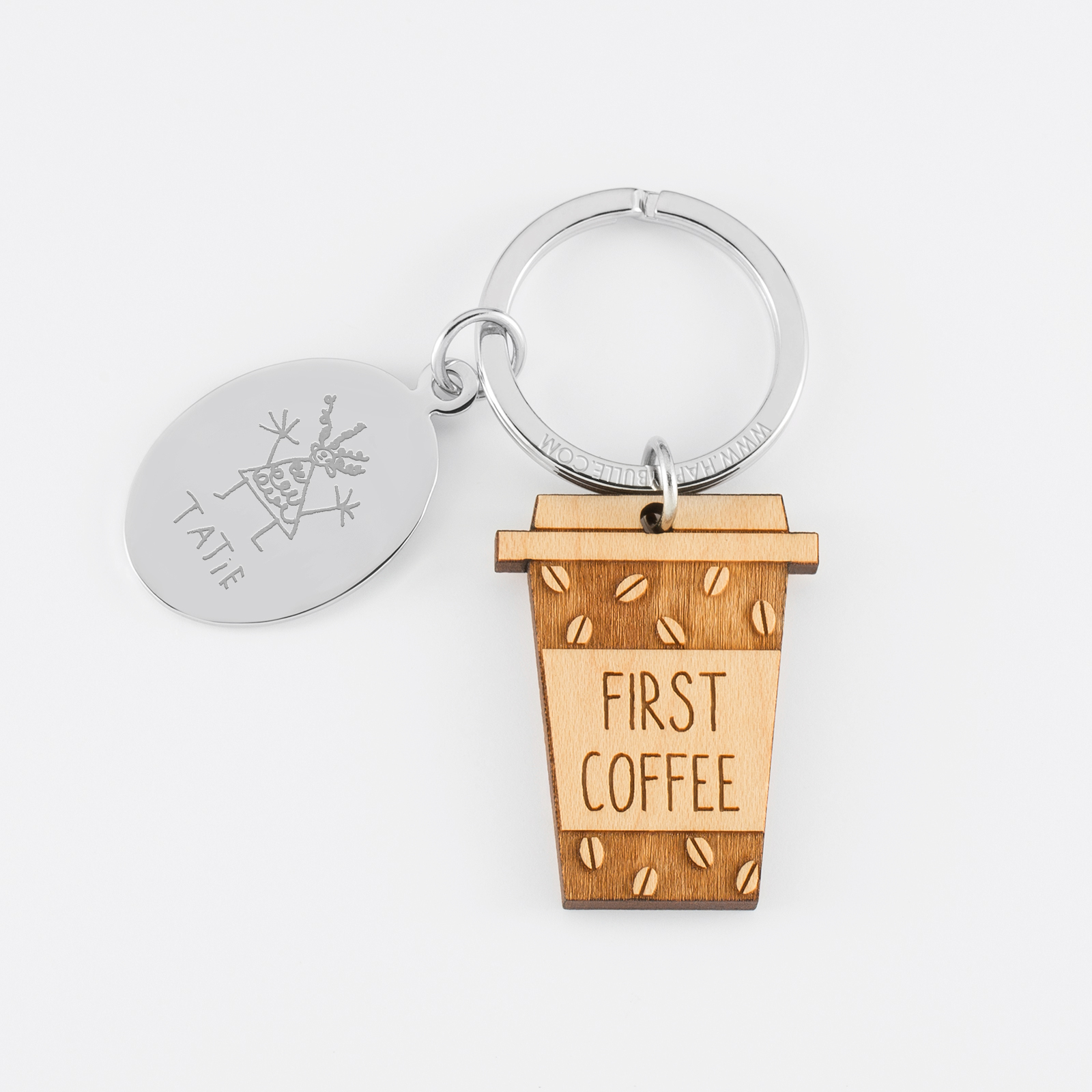Personalised engraved oval steel medallion and wooden coffee charm keyring - sketch