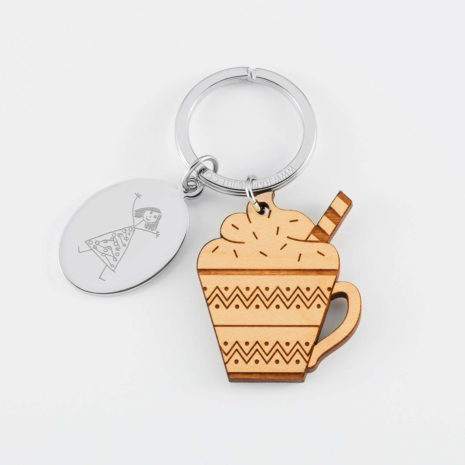 Personalised engraved oval steel medallion and wooden Viennese chocolate charm keyring - sketch