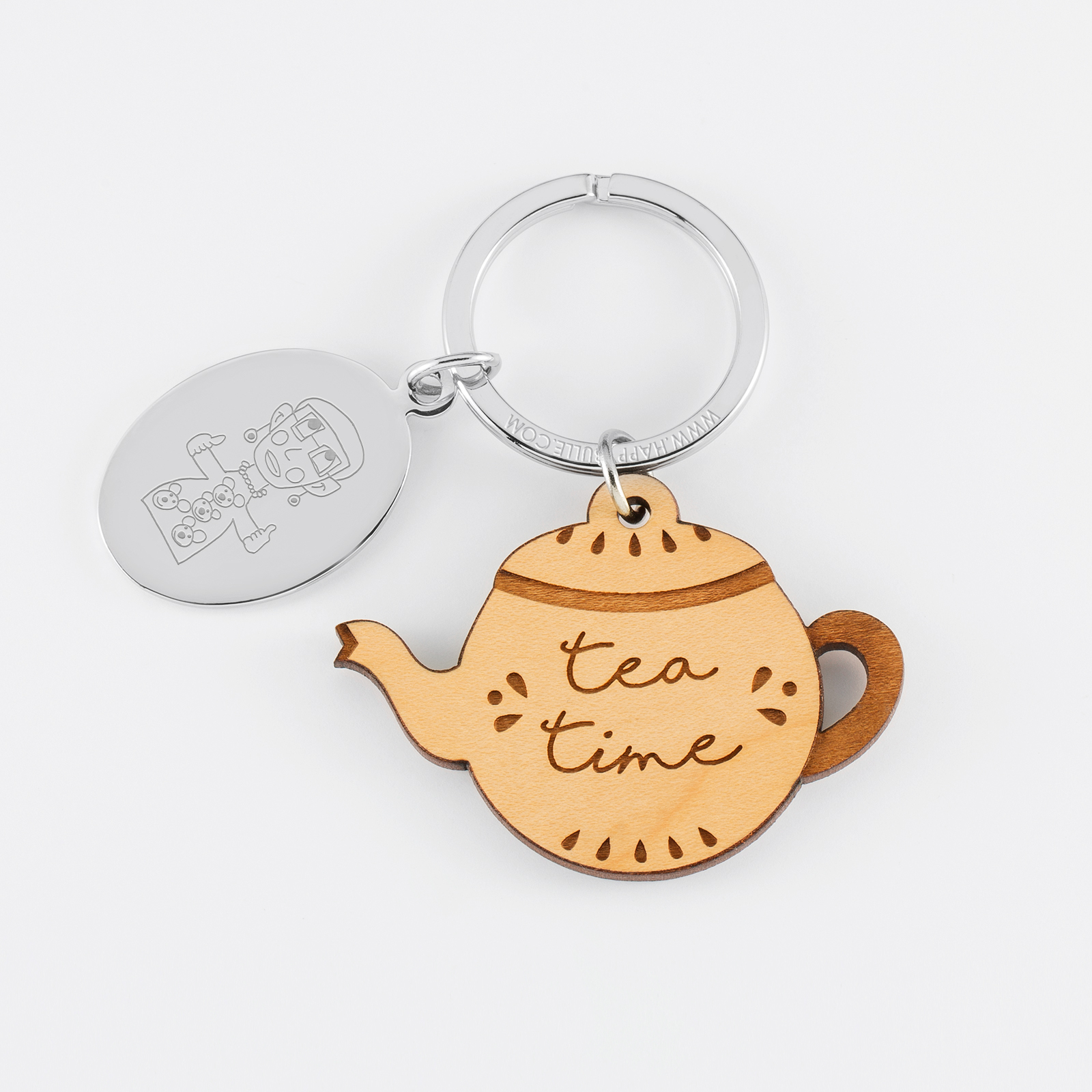 Personalised engraved oval steel medallion and wooden tea charm keyring - sketch