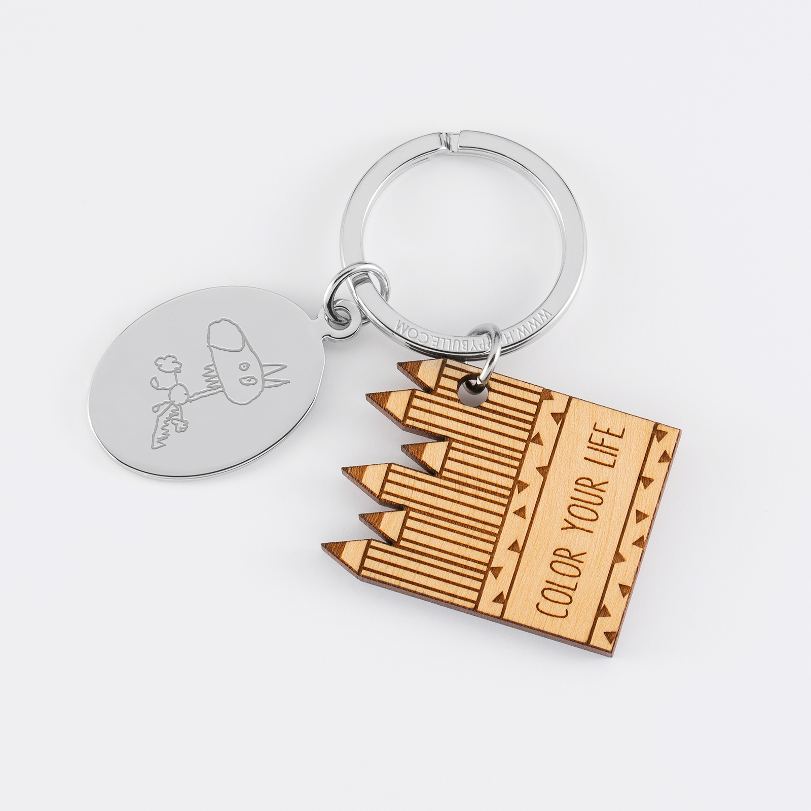 Porte clé personnalisé médaille gravée ovale acier et breloque bois crayons - dessin