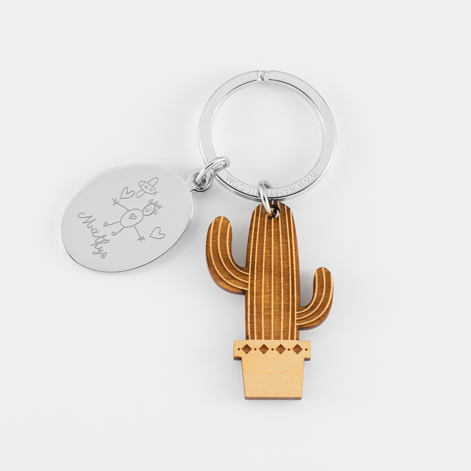 Porte clé personnalisé médaille gravée ovale acier et breloque bois cactus - dessin