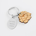Personalised engraved oval steel medallion and wooden flower charm keyring - text