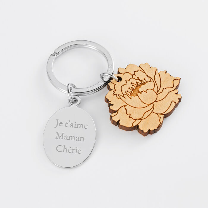 Personalised engraved oval steel medallion and wooden flower charm keyring - text