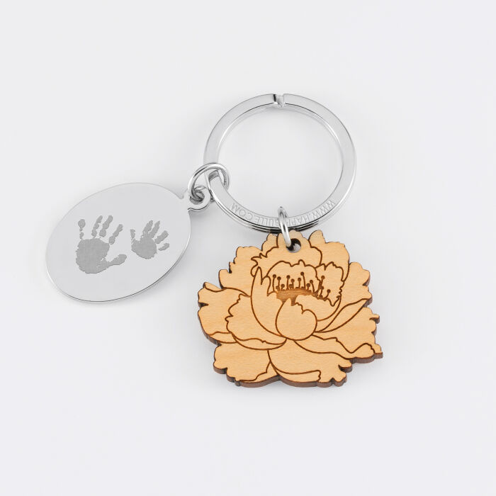 Personalised engraved oval steel medallion and wooden flower charm keyring - imprint