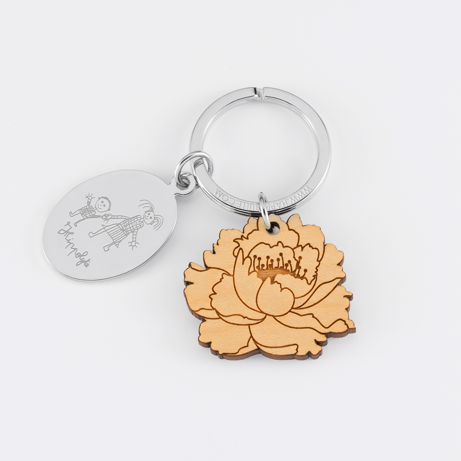 Porte clé personnalisé médaille gravée ovale acier et breloque bois fleur - dessin